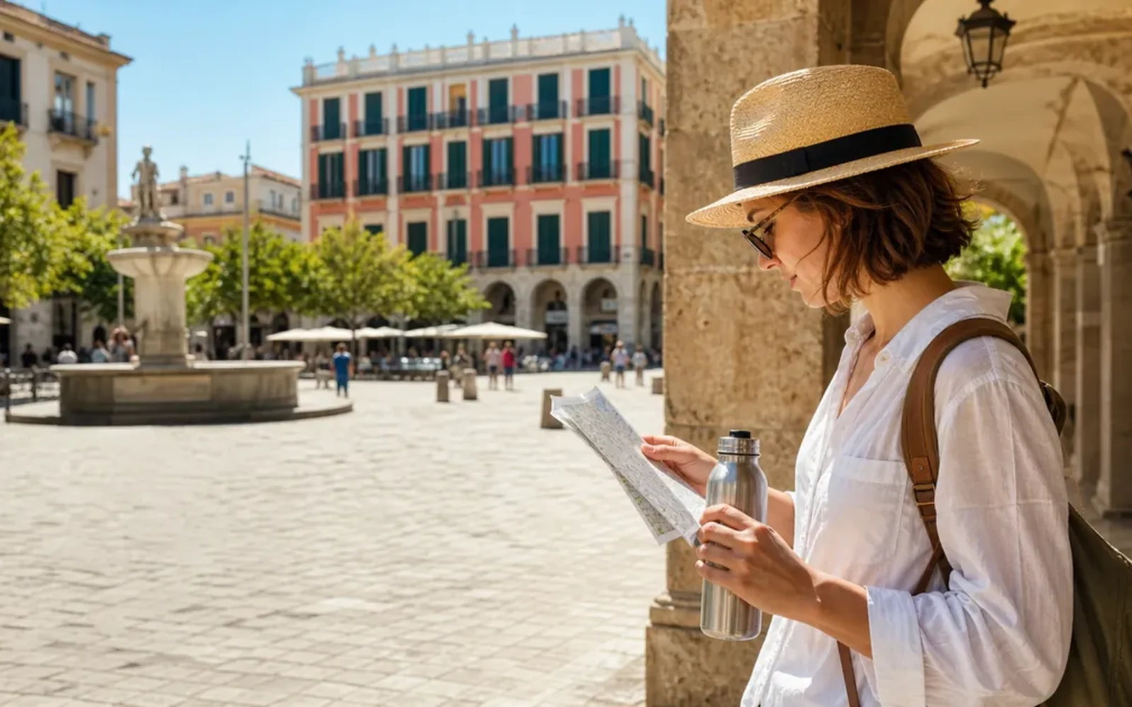 A traveler reading a map with water while staying in the shade during hot weather