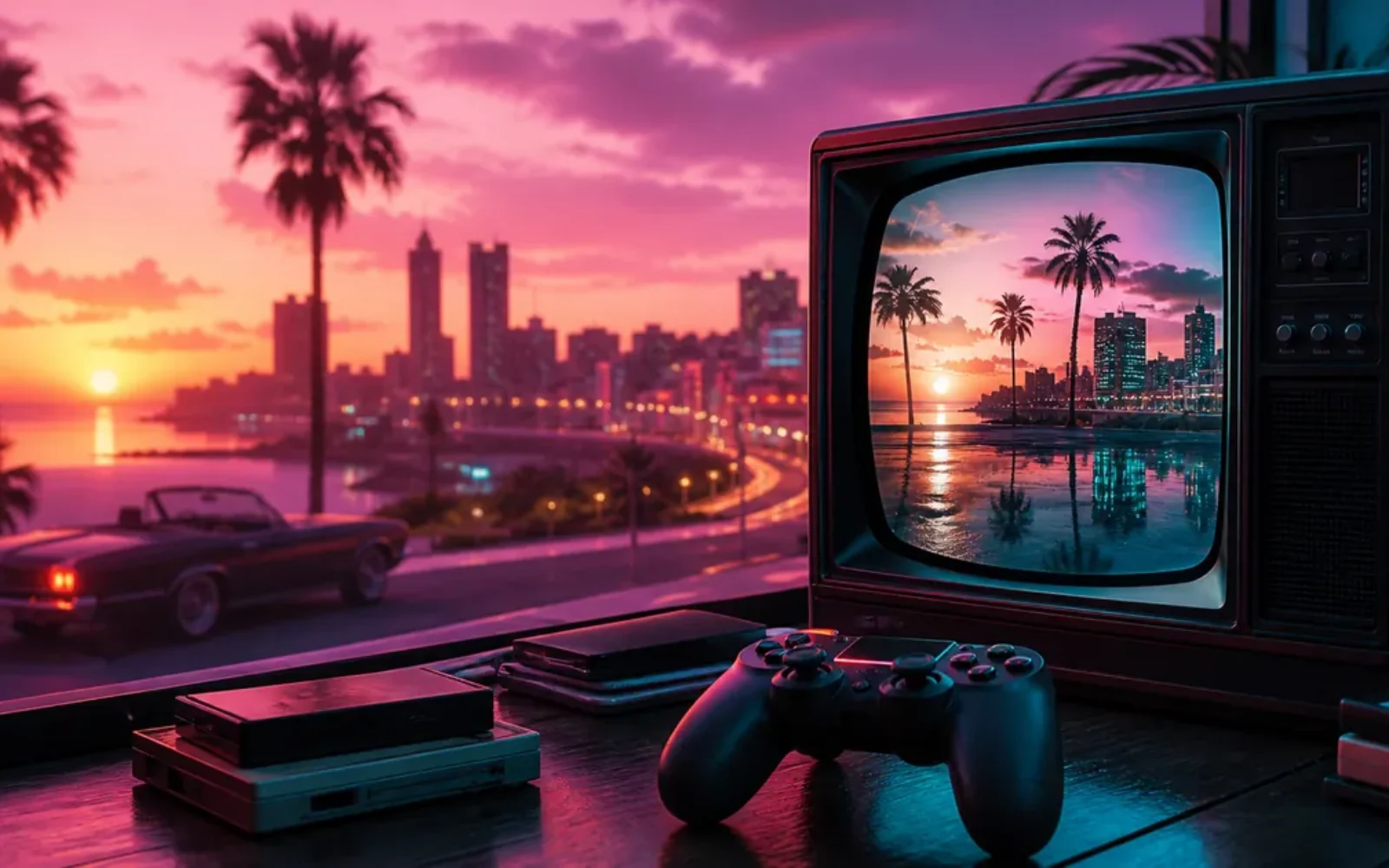 An unbranded game controller in front of a retro television and neon coastal city