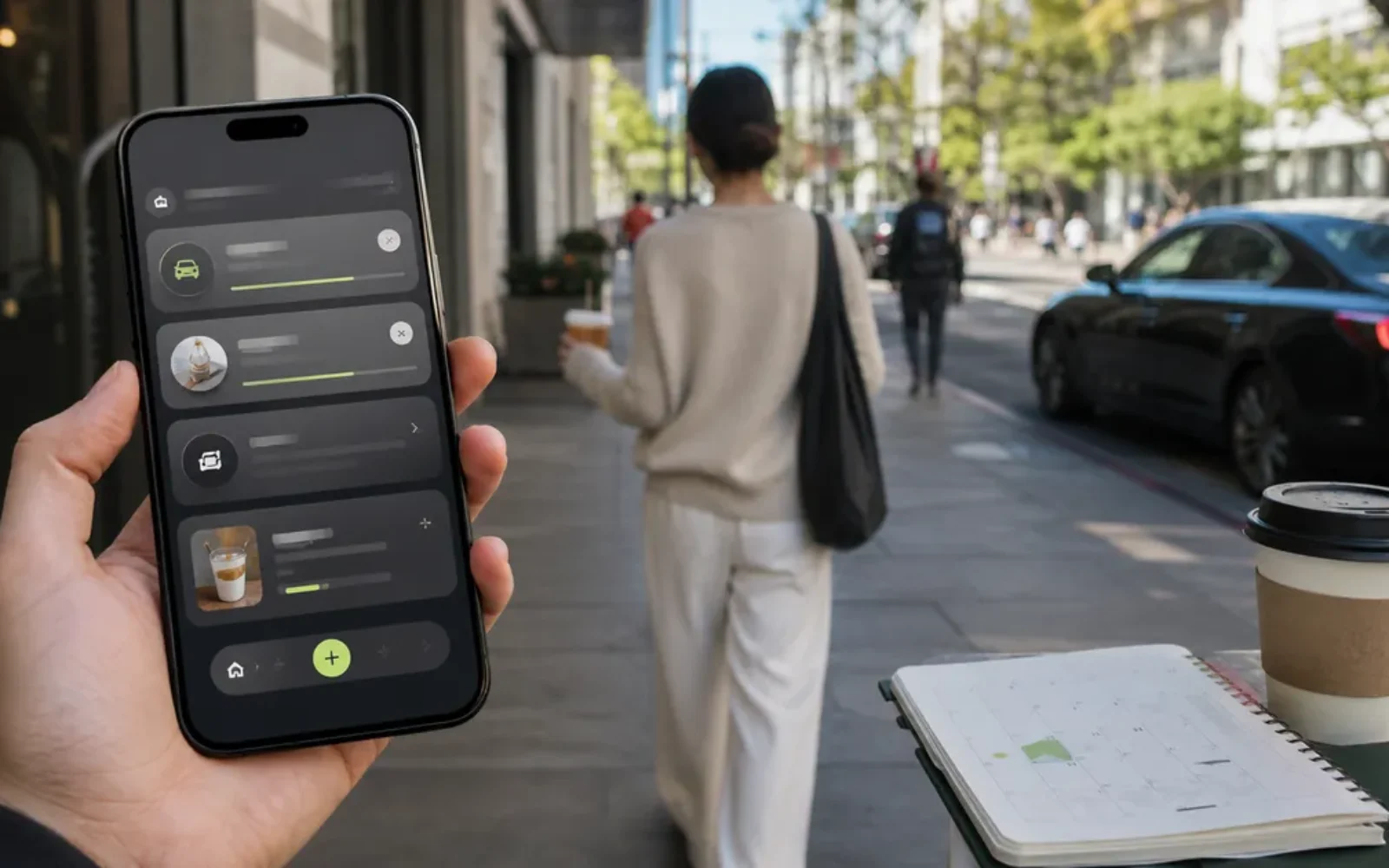 A smartphone managing several everyday tasks on a city street