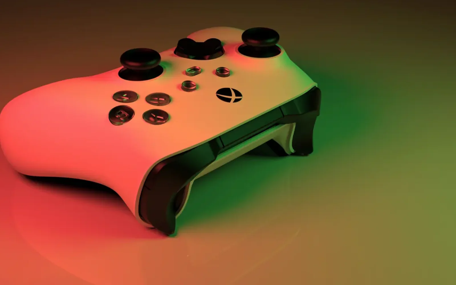 A game controller in a neon home-entertainment setting