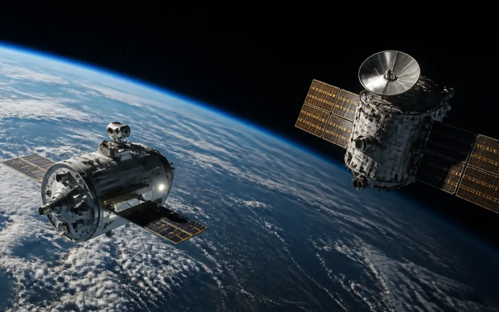 A servicing spacecraft approaching an older scientific satellite in orbit