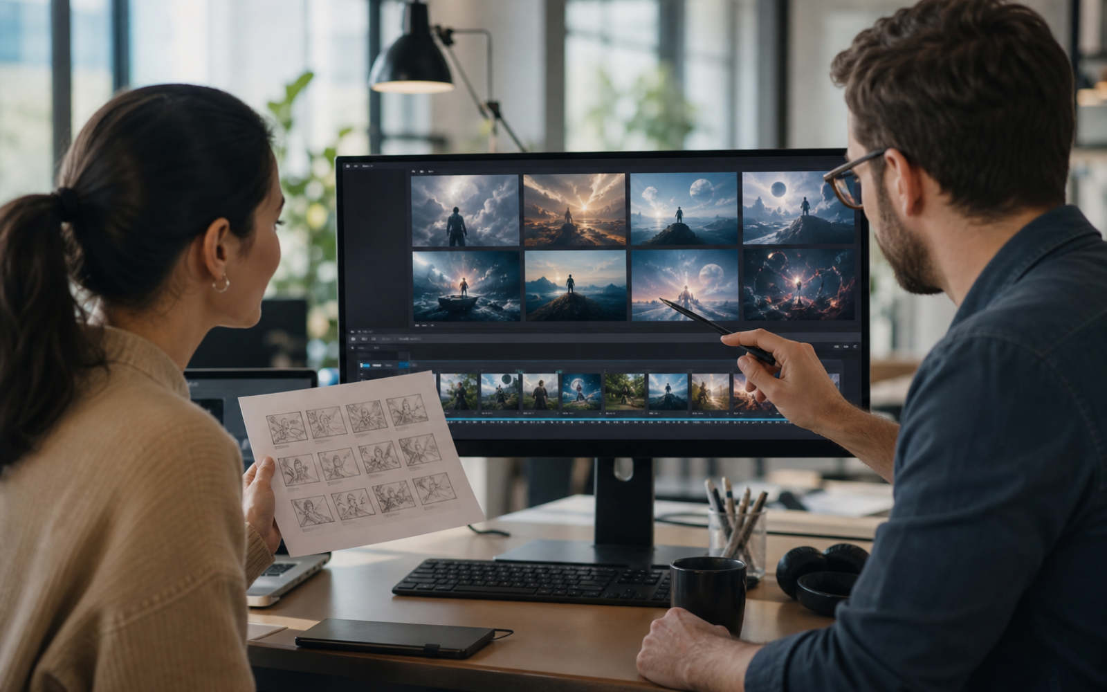Two colleagues reviewing image concepts and video storyboards together